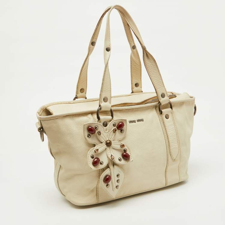 Pre Owned Miu Miu White Leather Vintage Jeweled Tote