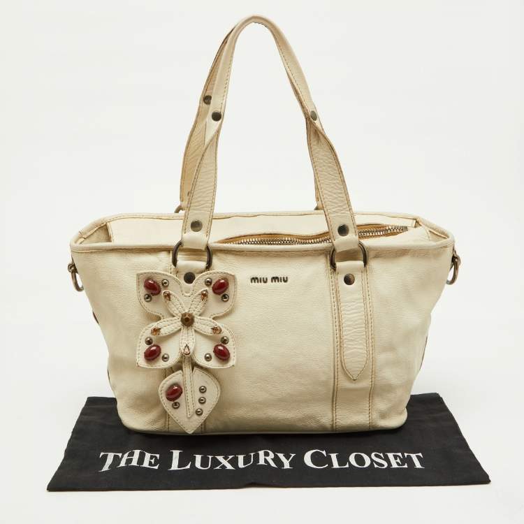 Pre Owned Miu Miu White Leather Vintage Jeweled Tote