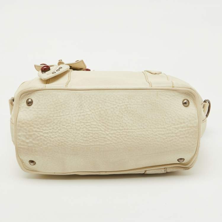 Pre Owned Miu Miu White Leather Vintage Jeweled Tote