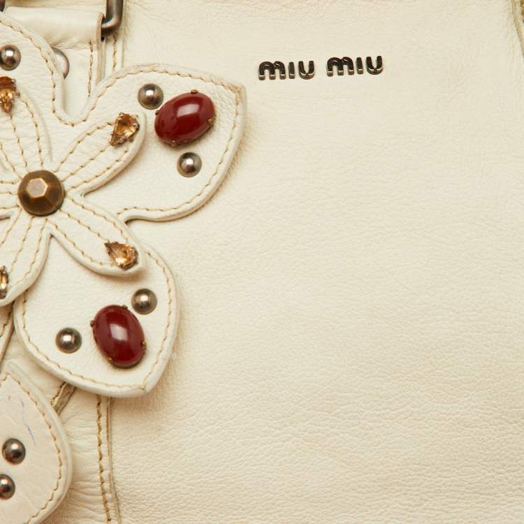 Pre Owned Miu Miu White Leather Vintage Jeweled Tote