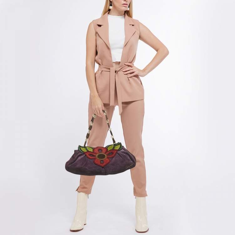 Pre Owned Miu Miu Multicolor Suede Floral Patch Shoulder Bag