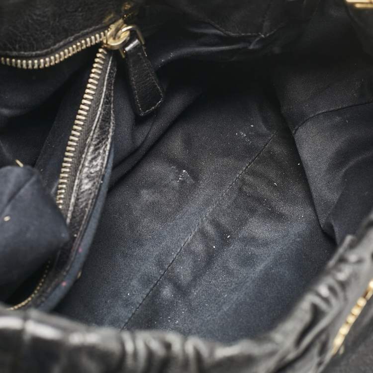 Pre Owned Miu Miu Black Vitello Lux Leather Ruched Tote 