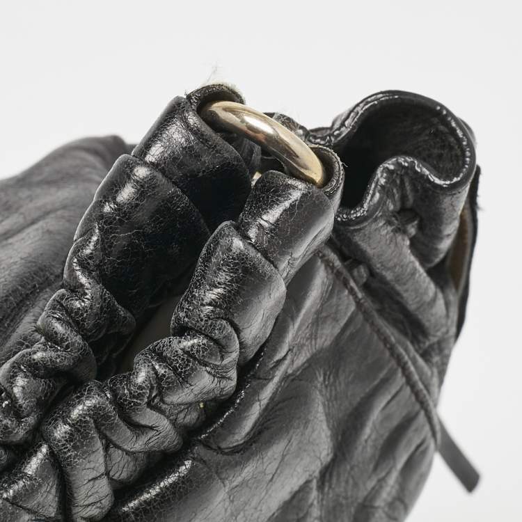 Pre Owned Miu Miu Black Vitello Lux Leather Ruched Tote 