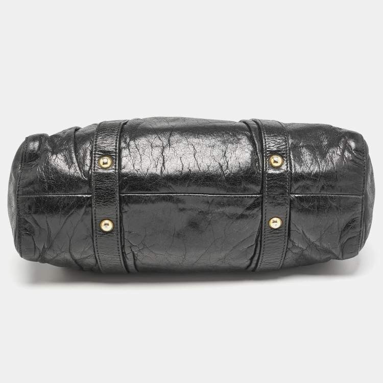 Pre Owned Miu Miu Black Vitello Lux Leather Ruched Tote 