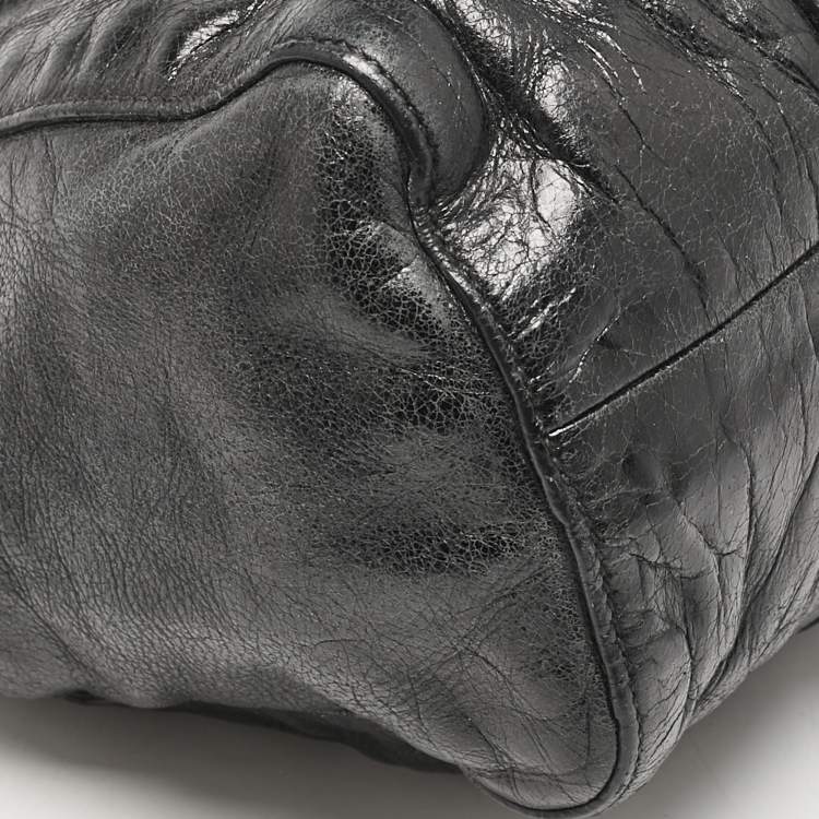 Pre Owned Miu Miu Black Vitello Lux Leather Ruched Tote 