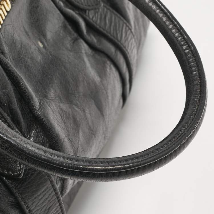 Pre Owned Miu Miu Black Vitello Lux Leather Ruched Tote 