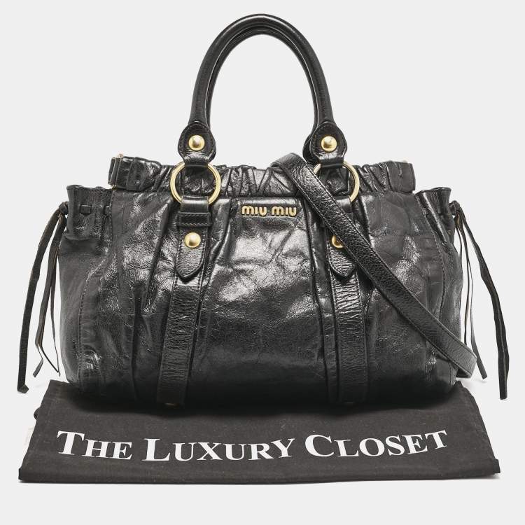 Pre Owned Miu Miu Black Vitello Lux Leather Ruched Tote 