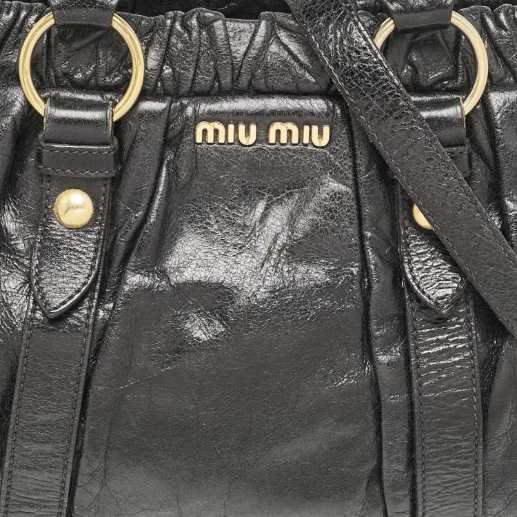 Pre Owned Miu Miu Black Vitello Lux Leather Ruched Tote 
