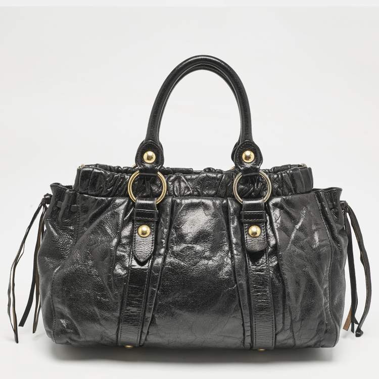 Pre Owned Miu Miu Black Vitello Lux Leather Ruched Tote 