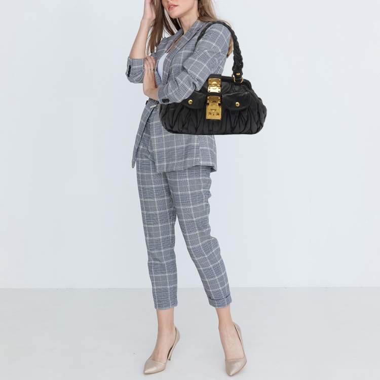 Pre Owned Miu Miu Black Matelassé Leather Coffer Frame Satchel