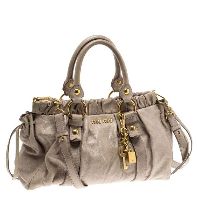 Pre Owned Miu Miu Beige Glazed Leather Luxe Ruched Top Handle Bag