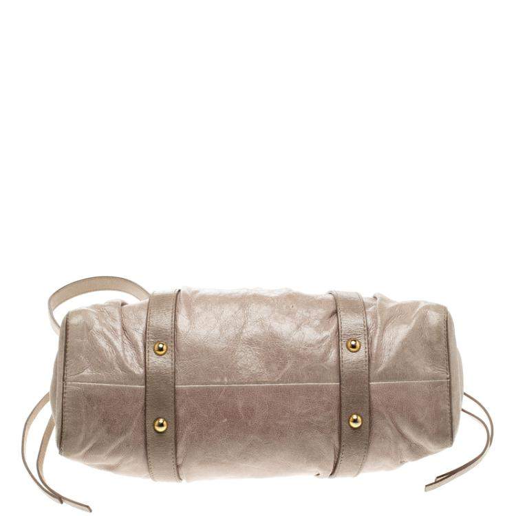 Pre Owned Miu Miu Beige Glazed Leather Luxe Ruched Top Handle Bag