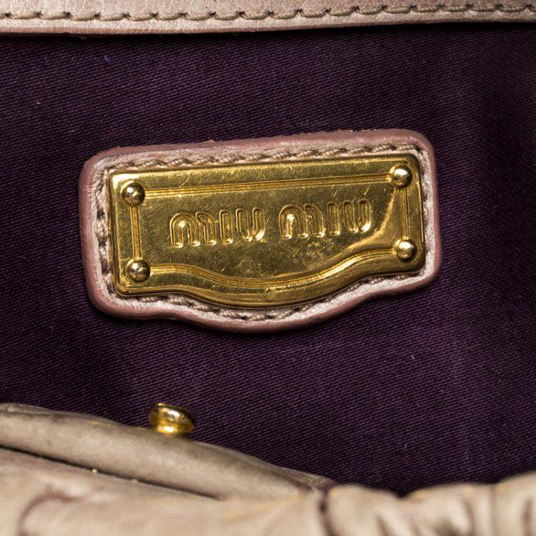 Pre Owned Miu Miu Beige Glazed Leather Luxe Ruched Top Handle Bag