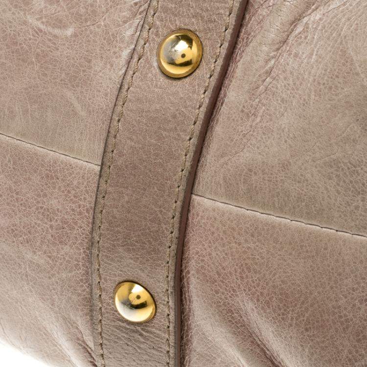 Pre Owned Miu Miu Beige Glazed Leather Luxe Ruched Top Handle Bag