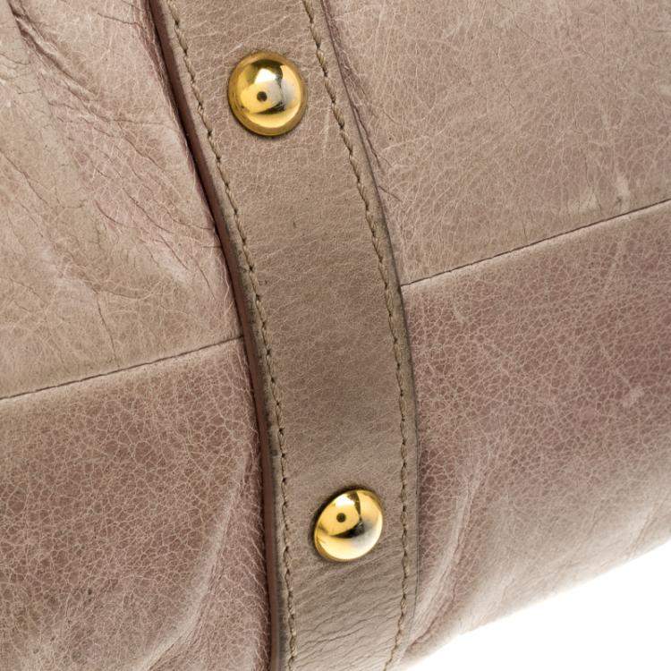 Pre Owned Miu Miu Beige Glazed Leather Luxe Ruched Top Handle Bag