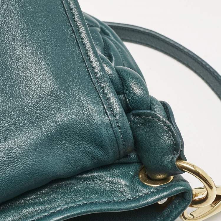 Pre Owned Miu Miu Green Matelassé Leather Mini Crystals Embellished Coffer Hobo