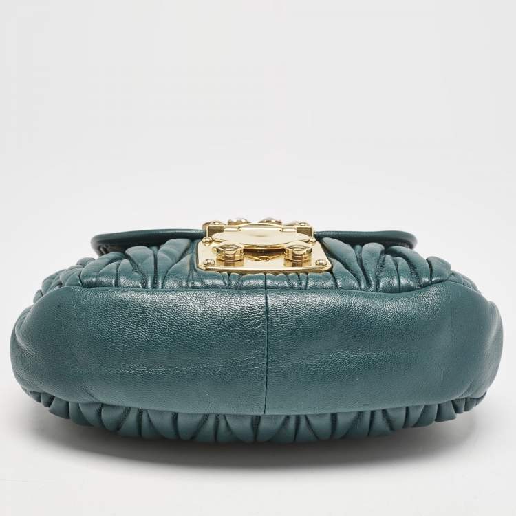 Pre Owned Miu Miu Green Matelassé Leather Mini Crystals Embellished Coffer Hobo