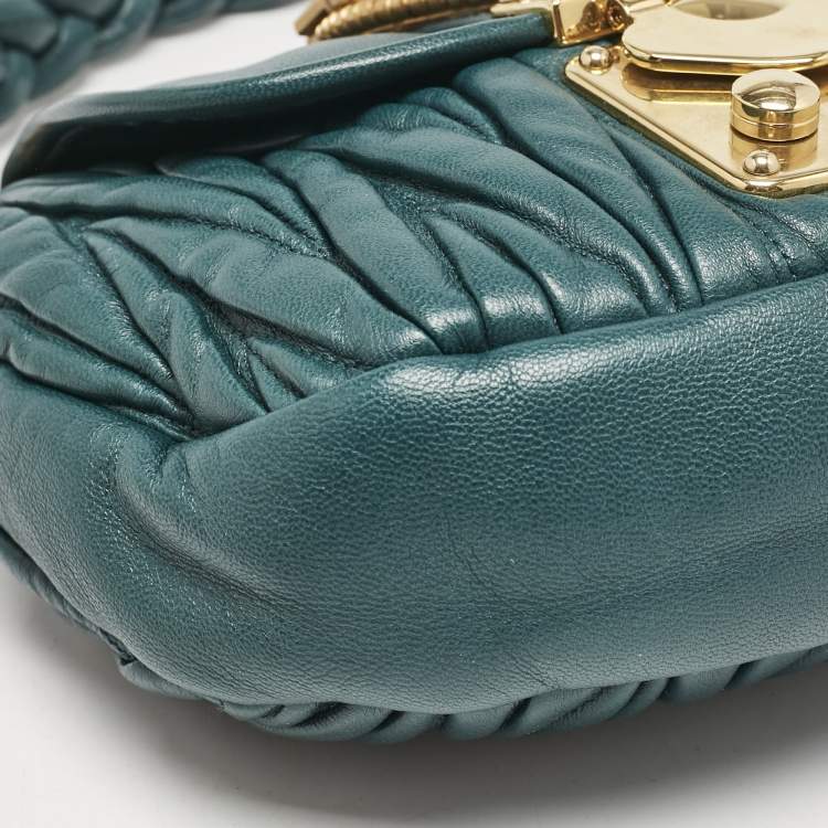 Pre Owned Miu Miu Green Matelassé Leather Mini Crystals Embellished Coffer Hobo