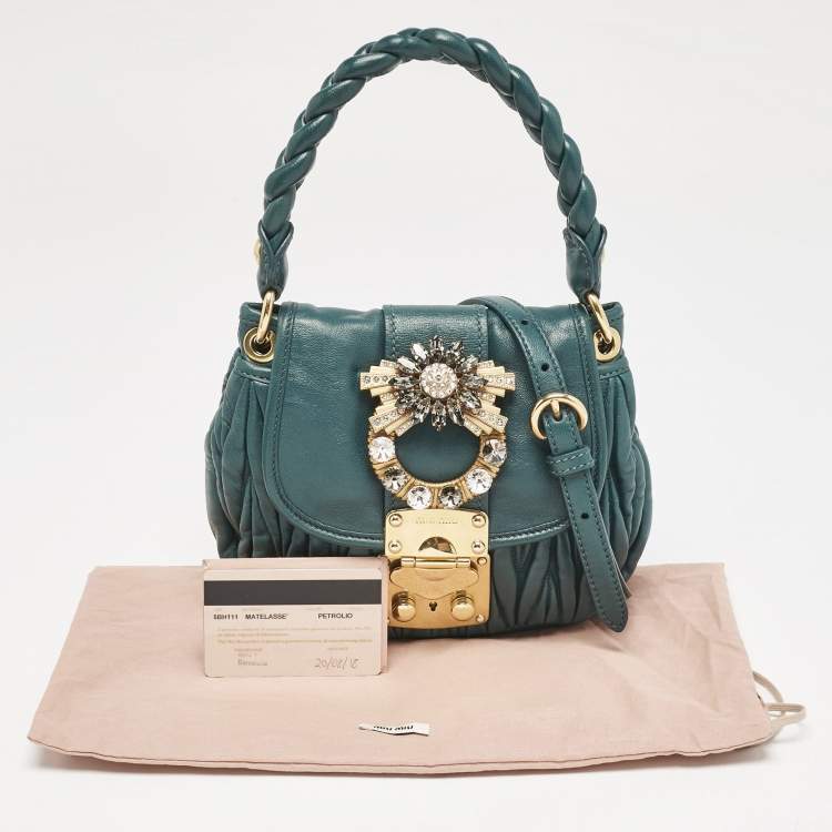 Pre Owned Miu Miu Green Matelassé Leather Mini Crystals Embellished Coffer Hobo