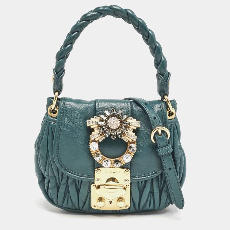 Pre Owned Miu Miu Green Matelassé Leather Mini Crystals Embellished Coffer Hobo