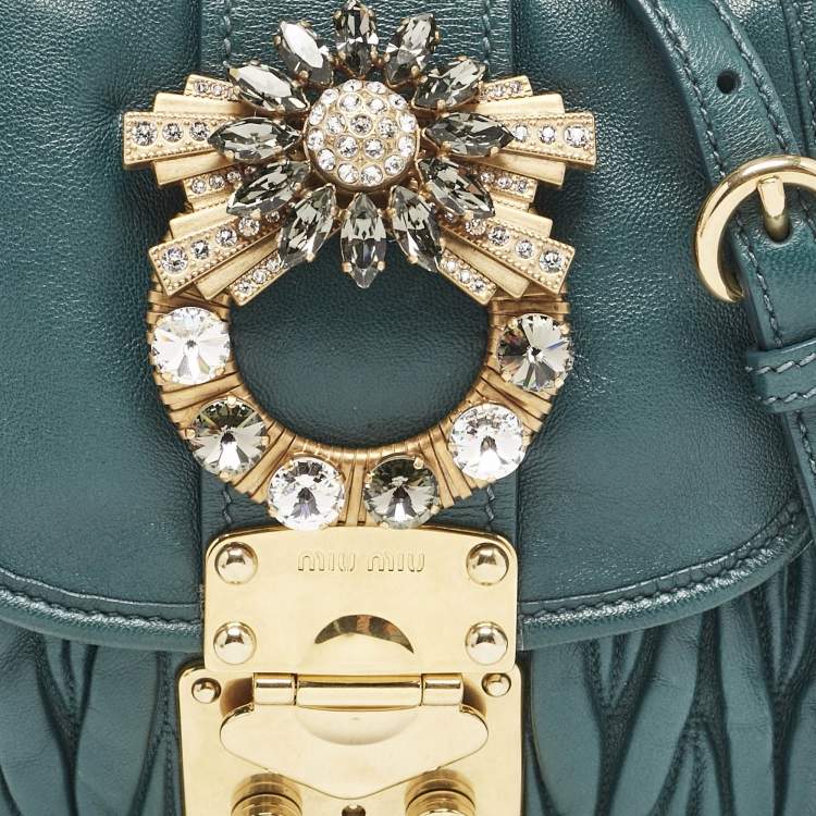 Pre Owned Miu Miu Green Matelassé Leather Mini Crystals Embellished Coffer Hobo