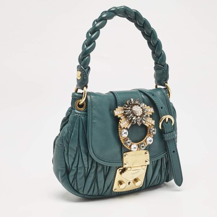 Pre Owned Miu Miu Green Matelassé Leather Mini Crystals Embellished Coffer Hobo