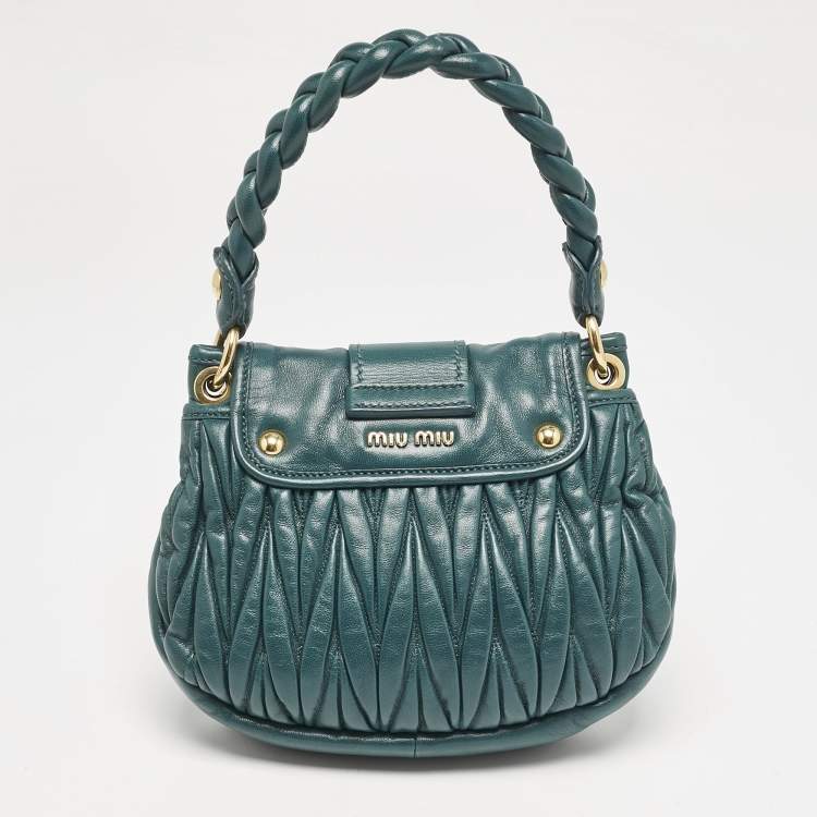 Pre Owned Miu Miu Green Matelassé Leather Mini Crystals Embellished Coffer Hobo