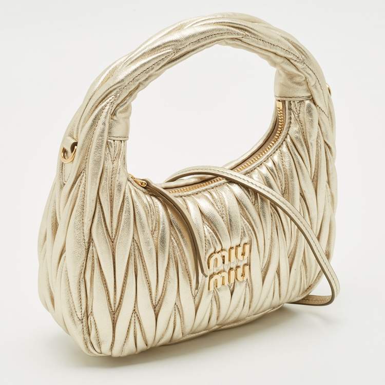 Pre Owned Miu Miu Gold Matelassé Leather Small Wander Hobo