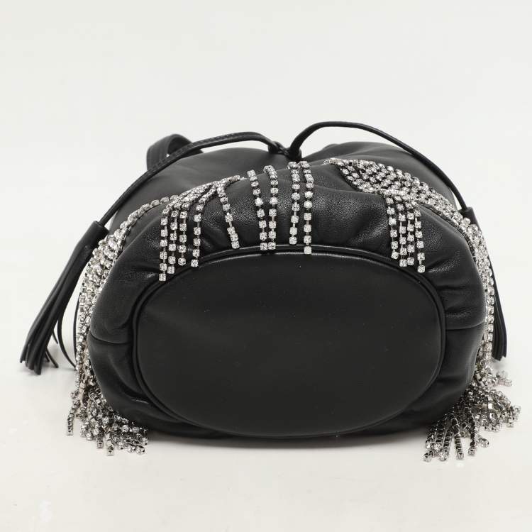 Pre Owned Miu Miu Black Leather Crystal Fringe Drawstring Bucket Bag