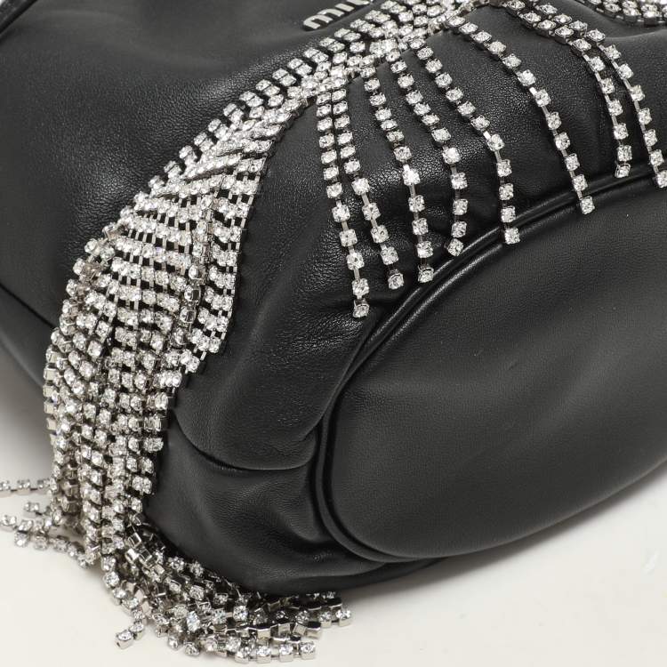 Pre Owned Miu Miu Black Leather Crystal Fringe Drawstring Bucket Bag