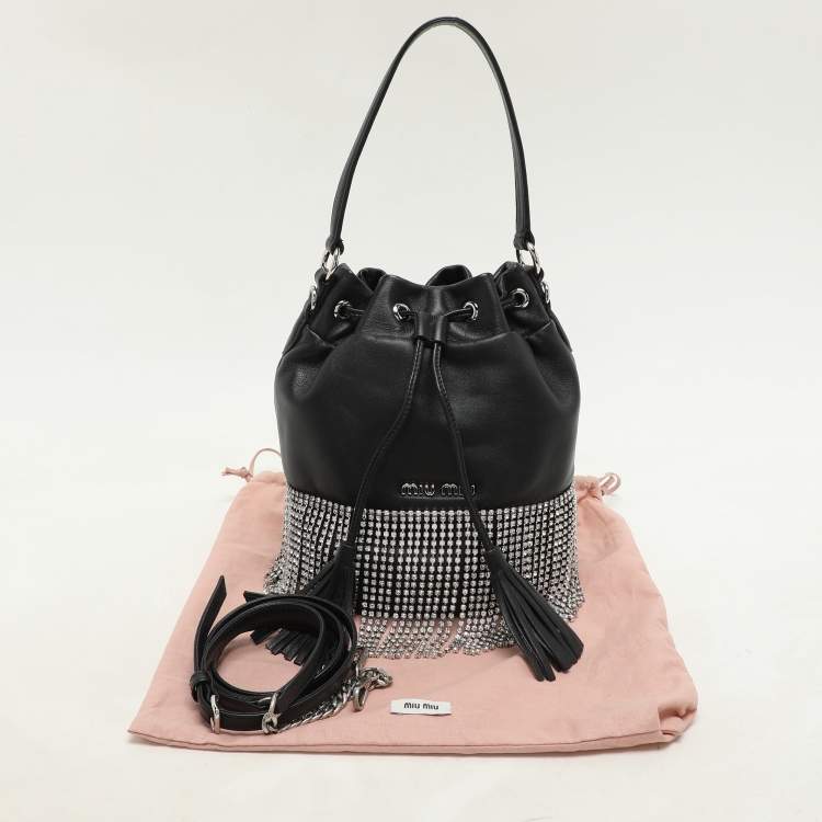 Pre Owned Miu Miu Black Leather Crystal Fringe Drawstring Bucket Bag