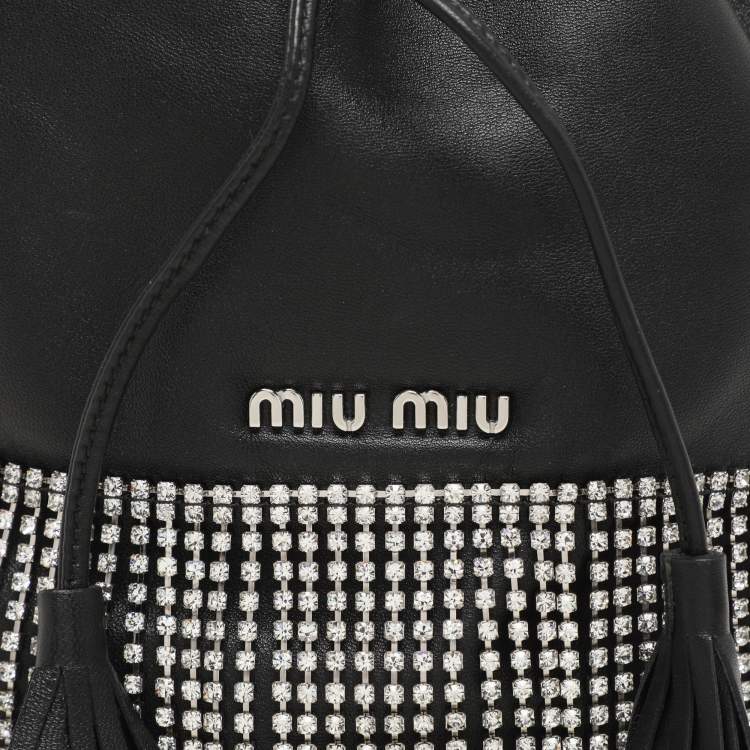 Pre Owned Miu Miu Black Leather Crystal Fringe Drawstring Bucket Bag