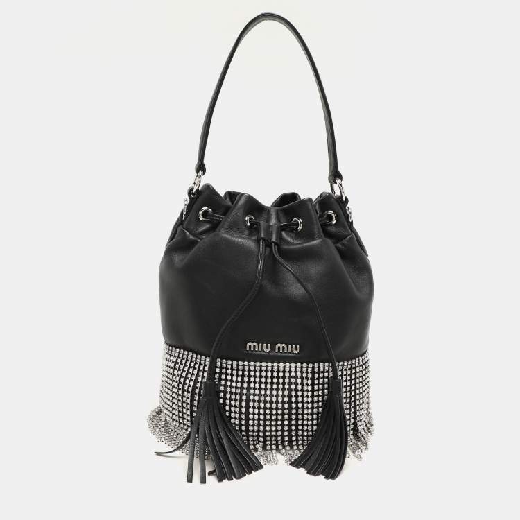Pre Owned Miu Miu Black Leather Crystal Fringe Drawstring Bucket Bag