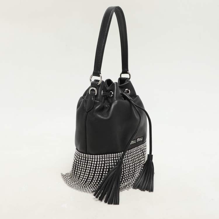 Pre Owned Miu Miu Black Leather Crystal Fringe Drawstring Bucket Bag
