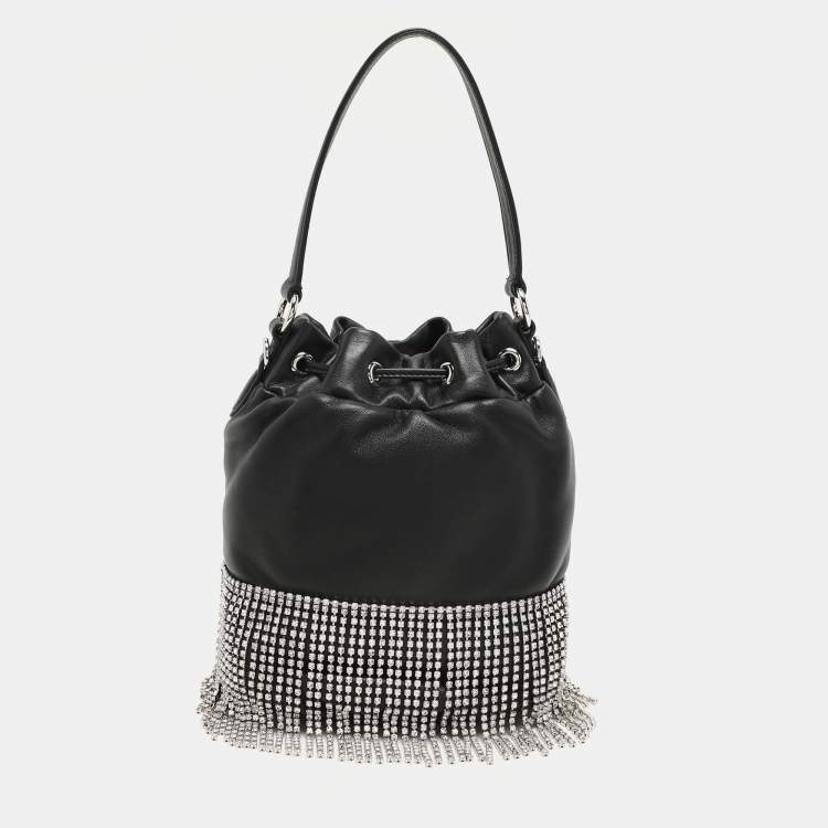 Pre Owned Miu Miu Black Leather Crystal Fringe Drawstring Bucket Bag