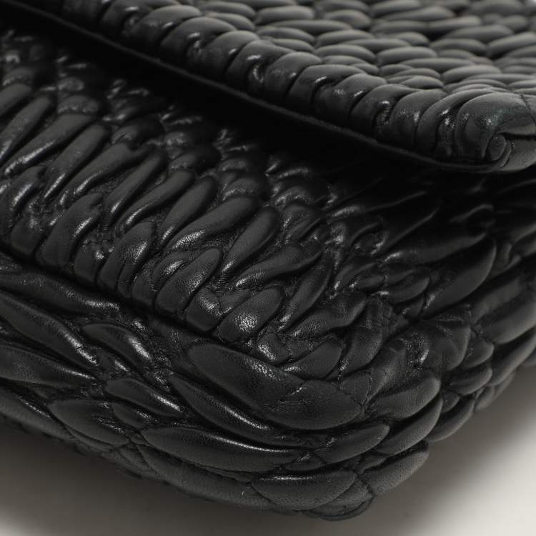 Pre Owned Miu Miu Black Matelassé Leather Crystals Chain Shoulder Bag