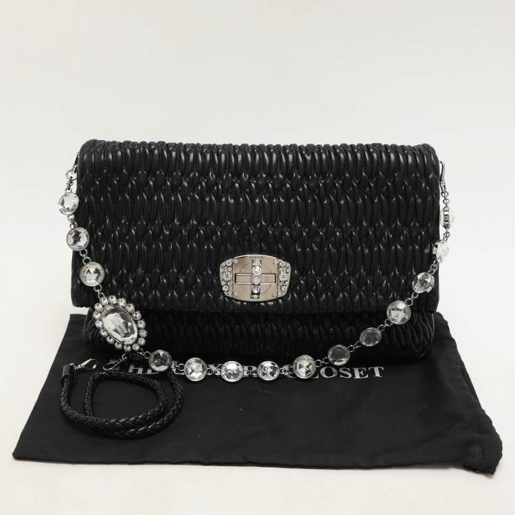 Pre Owned Miu Miu Black Matelassé Leather Crystals Chain Shoulder Bag