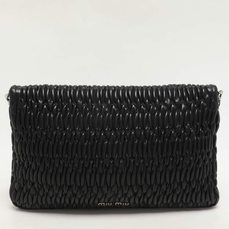 Pre Owned Miu Miu Black Matelassé Leather Crystals Chain Shoulder Bag