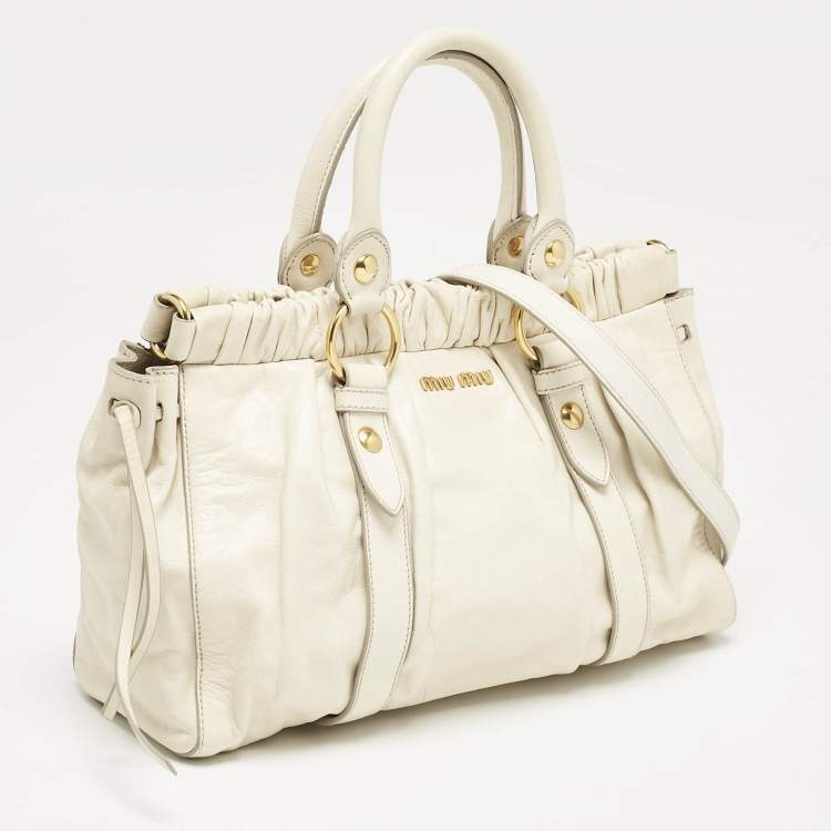 Pre Owned Miu Miu Off White Vitello Shine Leather Gathered Tote