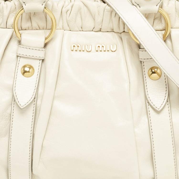 Pre Owned Miu Miu Off White Vitello Shine Leather Gathered Tote
