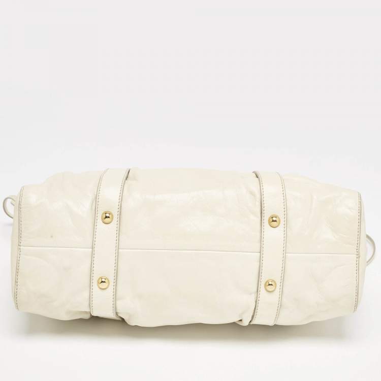 Pre Owned Miu Miu Off White Vitello Shine Leather Gathered Tote