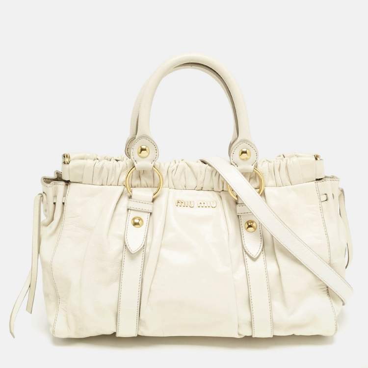 Pre Owned Miu Miu Off White Vitello Shine Leather Gathered Tote