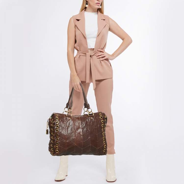 Pre Owned Miu Miu Brown Matelasse Leather Grommet Tote