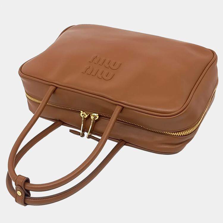 Pre Owned Miu Miu Brown Leather embossed logo bowling bag