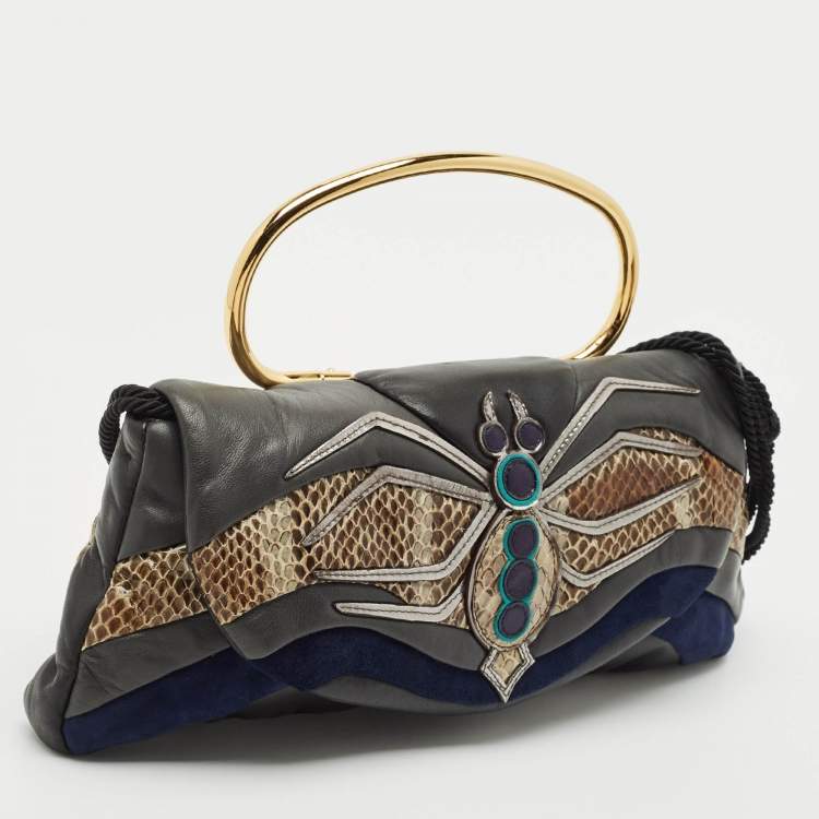 Pre Owned Miu Miu Dark Grey/Blue Leather, Suede and Python Spider Clutch Bag