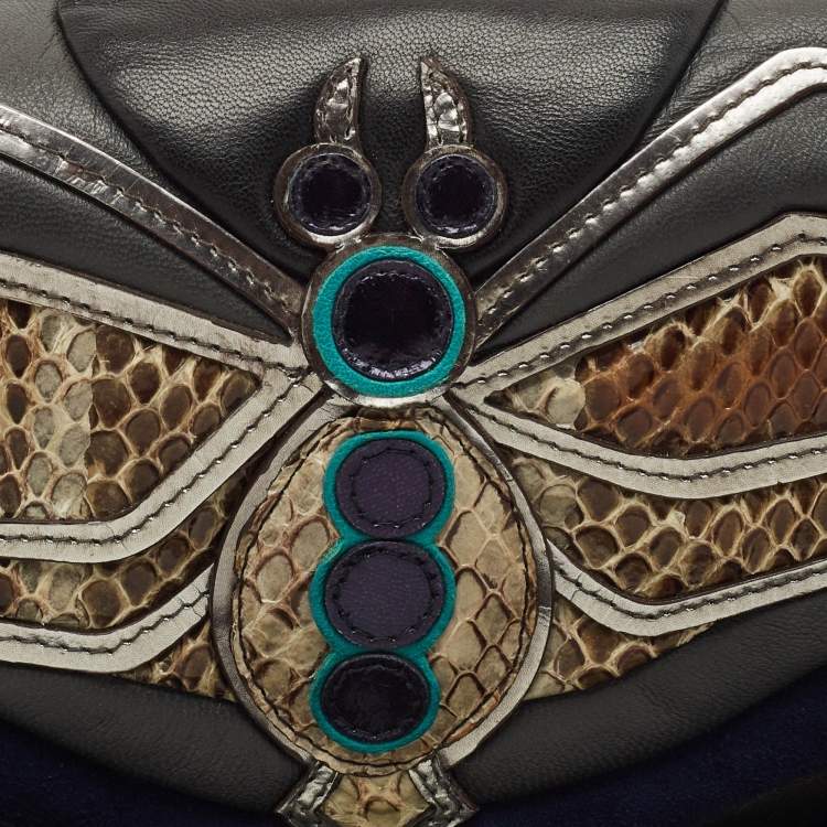 Pre Owned Miu Miu Dark Grey/Blue Leather, Suede and Python Spider Clutch Bag