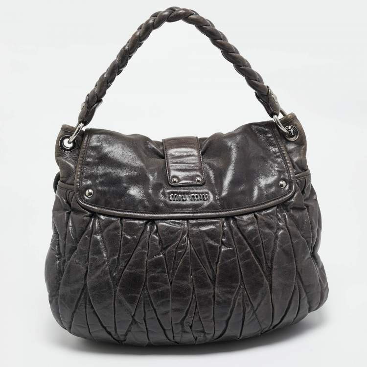Pre Owned Miu Miu Dark Grey Matelassé Leather Coffer Hobo
