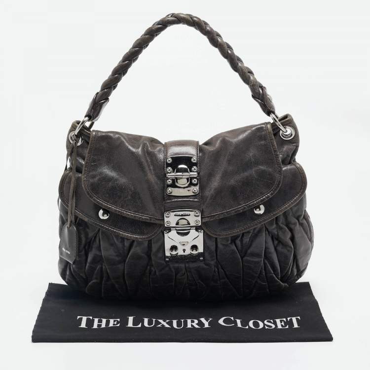 Pre Owned Miu Miu Dark Grey Matelassé Leather Coffer Hobo