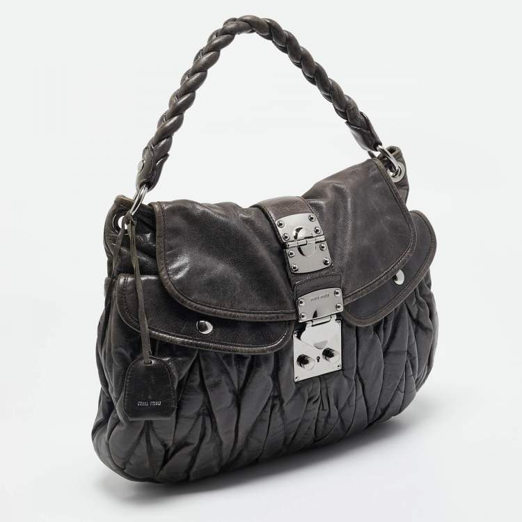 Pre Owned Miu Miu Dark Grey Matelassé Leather Coffer Hobo