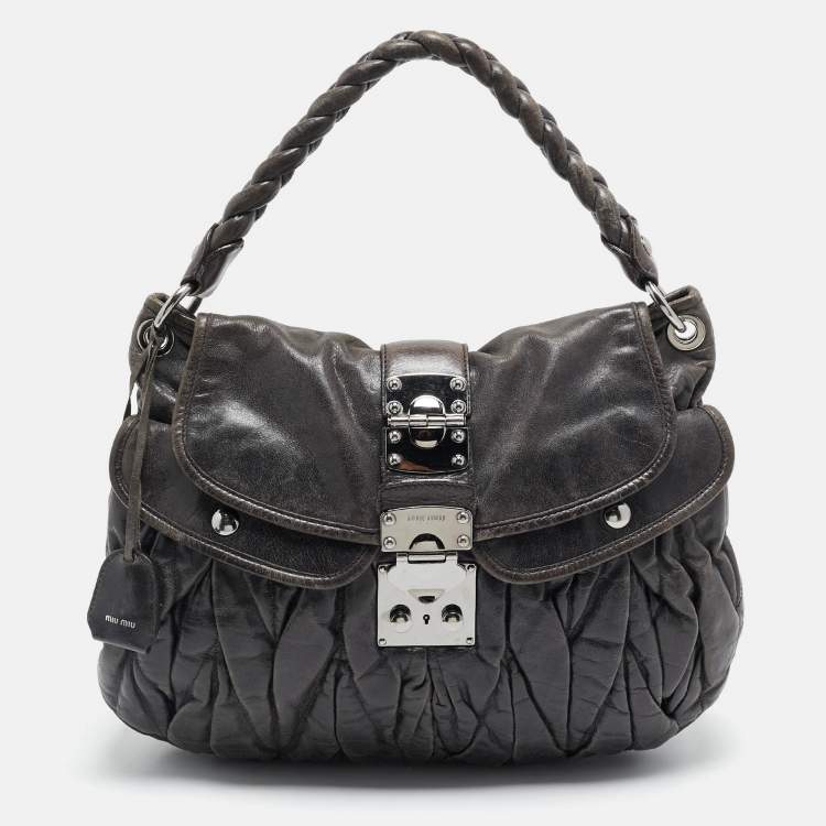 Pre Owned Miu Miu Dark Grey Matelassé Leather Coffer Hobo